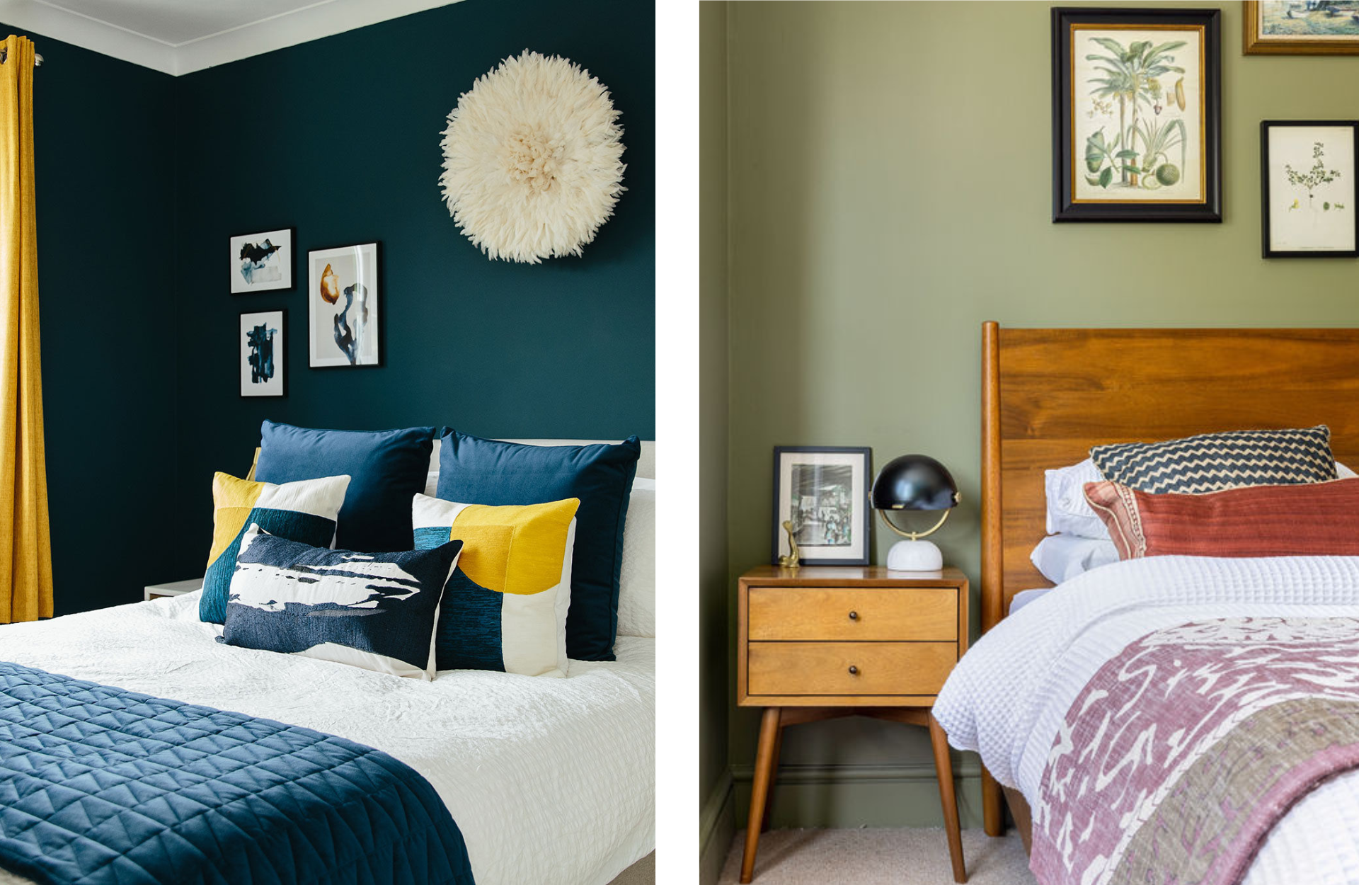 Navy & yellow bedroom with warm neutral and sage green bedroom