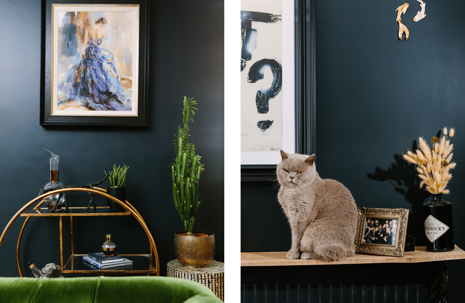 Dark blue living room with eclectic decor