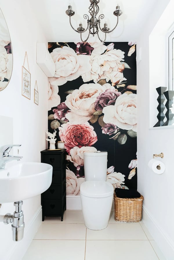 cloakroom bathroom with bold wallpaper