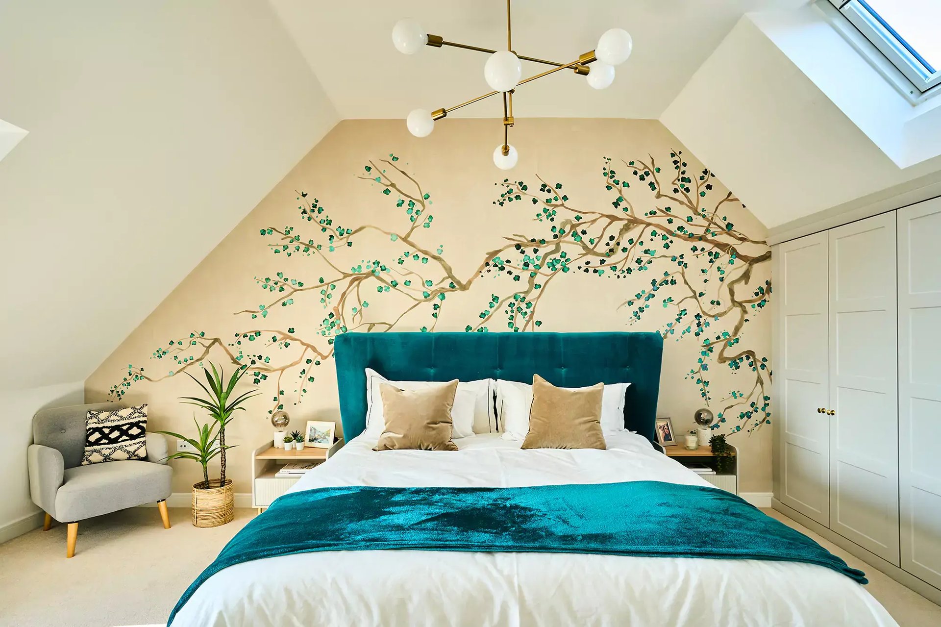 teal, loft bedroom with natural feature wall