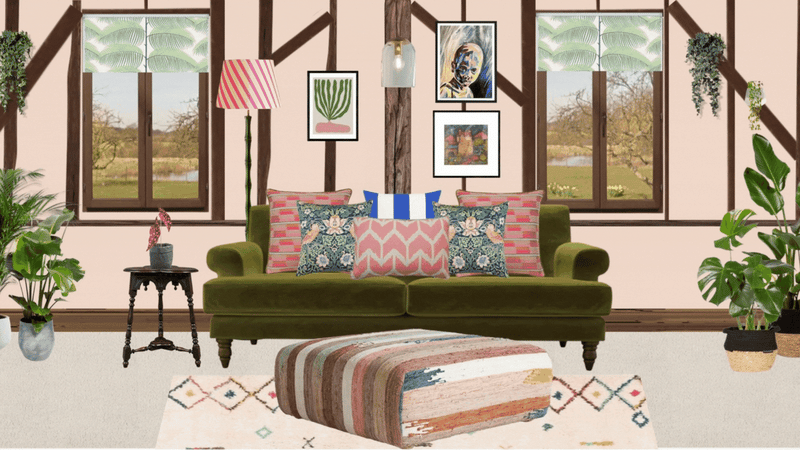 muted pink and green living room