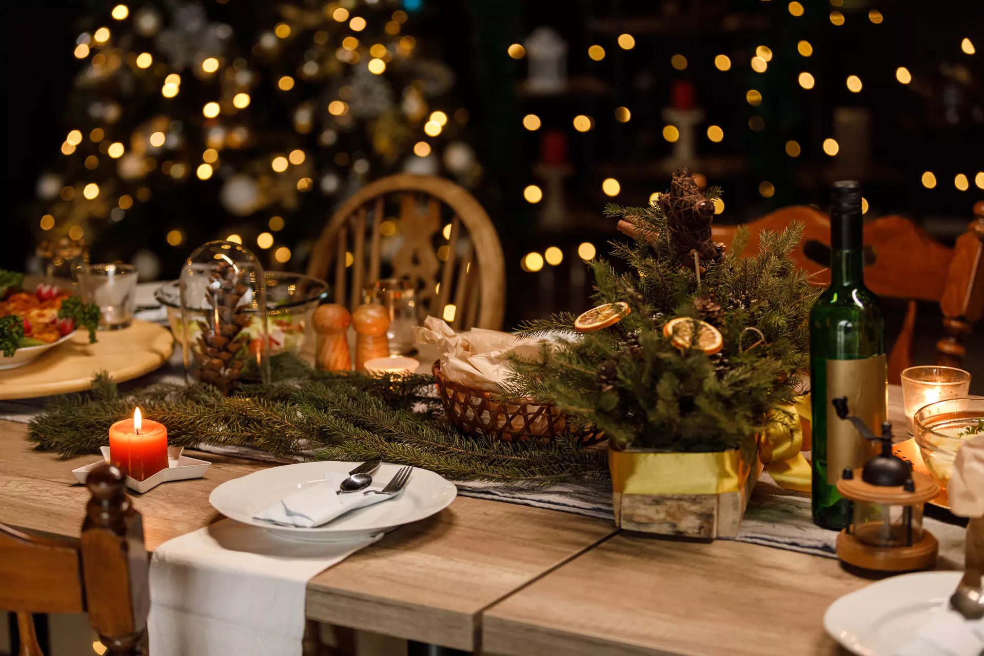 Christmas tablescape with fairlights and foliage