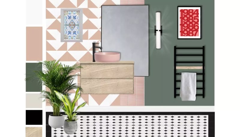 pink and green bathroom with funky tiles