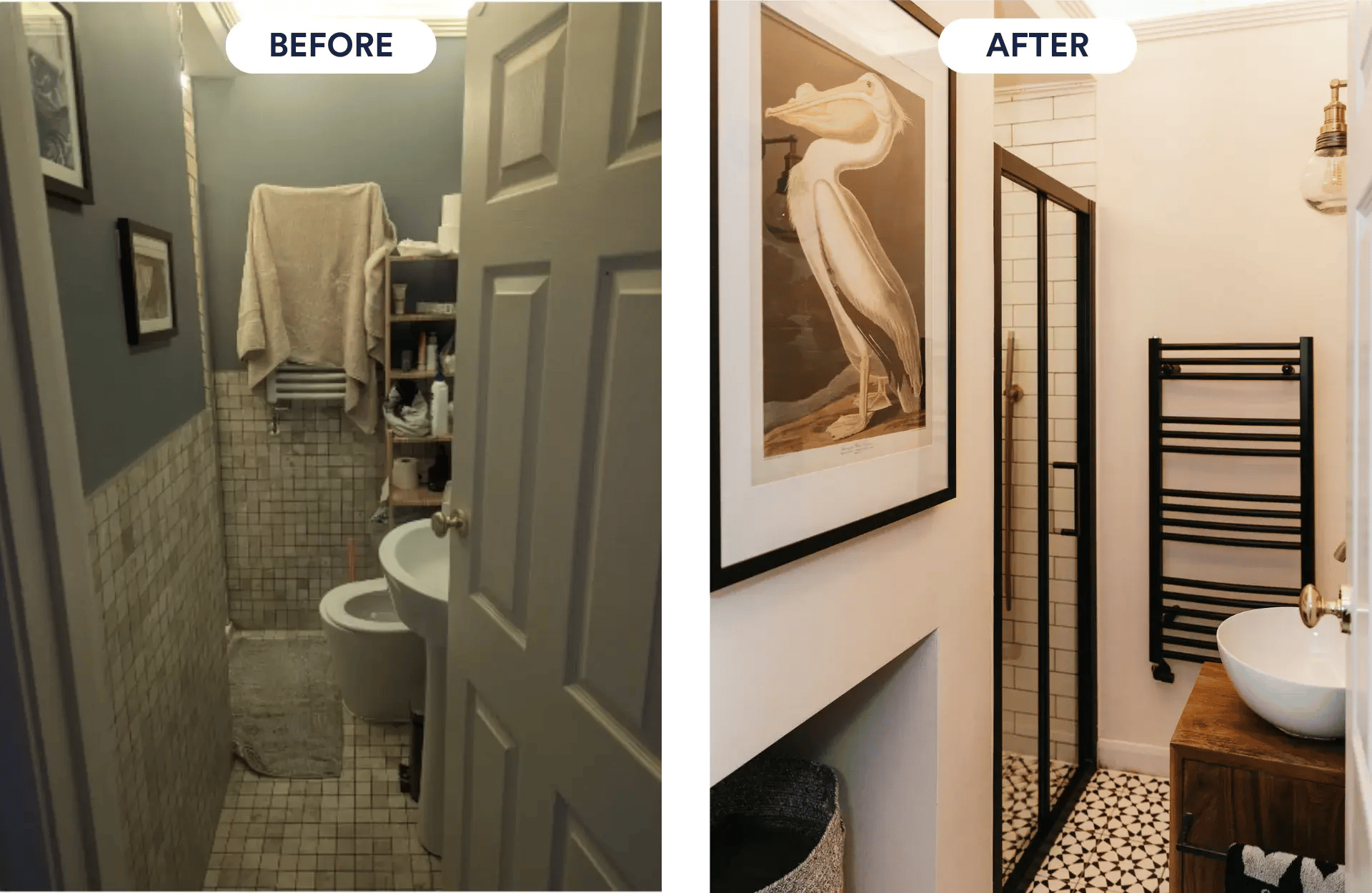 small monochrome bathroom before and after