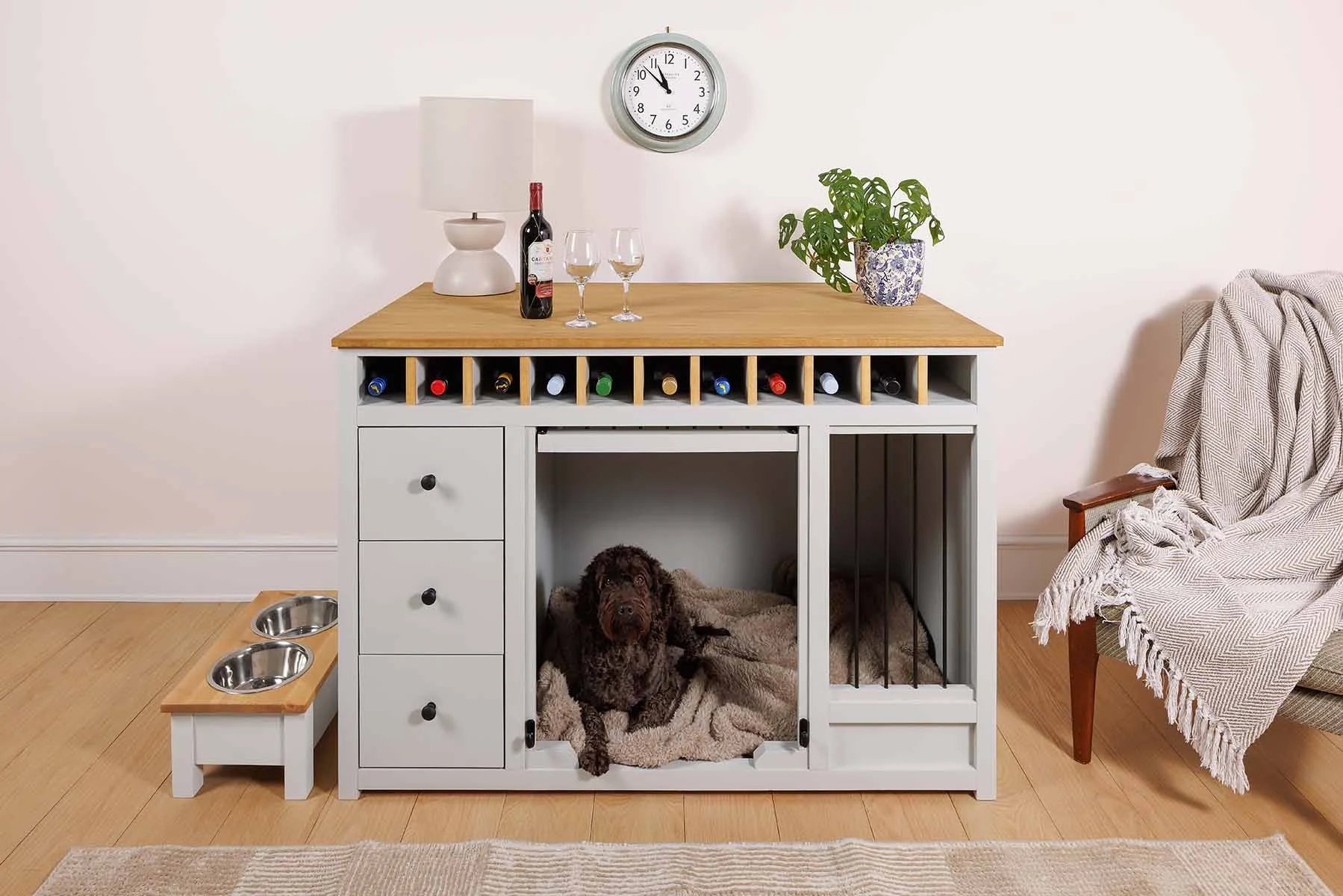stylish pet crate with wine rack